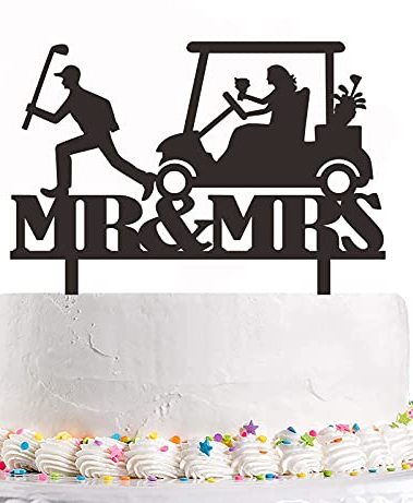 Golf Wedding Cake Topper, Funny Golf Theme Wedding Cake Topper - Groom Run Ahead and Bride Rides Golf Cart Chased