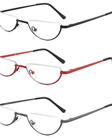 Yiwaeye 3 Pack Half Moon Reading Glasses Anti Blue Light UV, Half Frame Semi Lens Slim Spring Hinge Readers with Case for Men Women Black/Gunmetal/Red +1.5