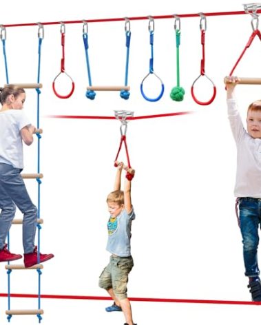 Ninja Warrior Obstacle Course for Kids,60ft Ninja Slackline-with 8 Pcs Accessories,Tree Protector & Carry Bag Ninja Course for Kids Outside-Backyard Zip Line for Kids