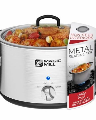 Magic Mill Slow Cooker 10 Quart | Extra Large Non-Stick Metal Searing Pot & Transparent Tempered Glass Lid Multipurpose Lightweight Slow Cookers, Pot is Safe to Put the On the Flame, Dishwasher Safe