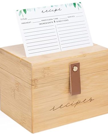 Pera Blanca Recipe Box with Cards and Dividers | Faux Leather Handle | 50 Eucalyptus Patterned Recipe Cards | Wooden Box | Housewarming Gift | 4x6