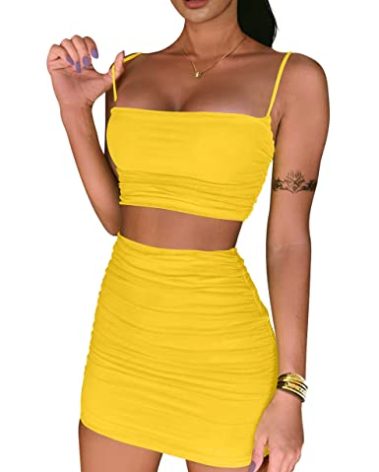 BEAGIMEG Women's Ruched Cami Crop Top Bodycon Skirt 2 Piece Outfits Dress Yellow