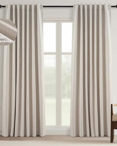 Topfinel Black Out Rustic 96 Inch Long Linen Curtains 2 Panel Set, Modern Farmhouse Greige Grey Curtains for Living Room, Room Darkening Tab Top Noise Reduction Textured Drape 8FT Hook&Ring Included