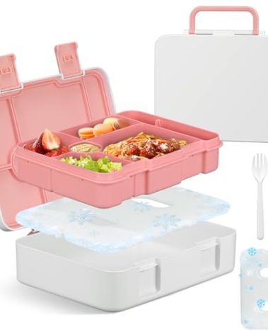 LAUJIA Lunch Box for Kids Adults,with Ice Packs for Lunch Boxes,5 Compartments Leak Proof Bento Box,Bento Box for Kids with Spoon & Fork Portable Handle,Microwave & Dishwasher Safe(Pink)