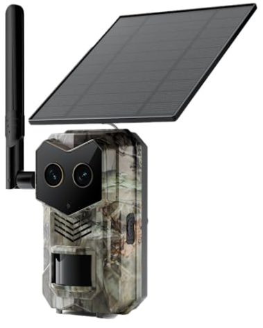 Solar 4G LTE Trail Camera, Upgraded Cellular Dual Lens Trail Camera Built-in eSIM Card, Game Camera with Starlight Full Color Night Vision, Motion Detection, 940nm No-Light IR, IP 65 for Wildlife