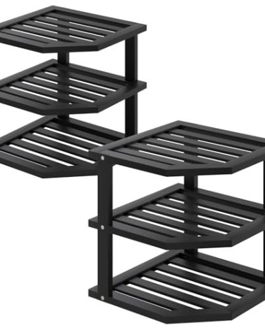 VERTORGAN 3 Tier Bamboo Corner Shelf(2 Pack),Dish Drying Rack,Plate Organizer,Kitchen Spice Rack for Countertop and Cabinet(Black)