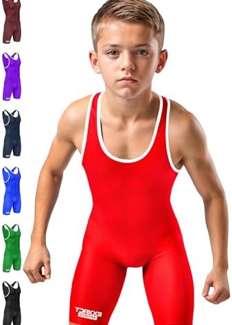 Exxact Sports Plain Youth Wrestling Singlet For Boys, Premium Powerlifting Singlet, Kids Wrestling Singlets For Training - (Red, YL)