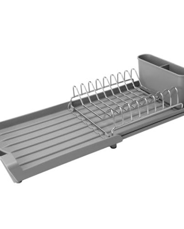 Dish Drying Rack Compact Expandable - A Space-Saving, Stainless Steel, Rust-Resistant Dish Drainer for Kitchen and Apartment Countertops/Sink Cabinets, Extendable from 11.42 to 19.9 inches (Gray)