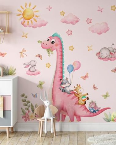 Pink Dinosaur Wall Decals for Girls Room, Sunoyar Dinosaur Wall Stickers Removable, Self-Adhesive DIY Peel & Stick Dino Wall Decal for Girls Baby Nursery Bedroom Living Room