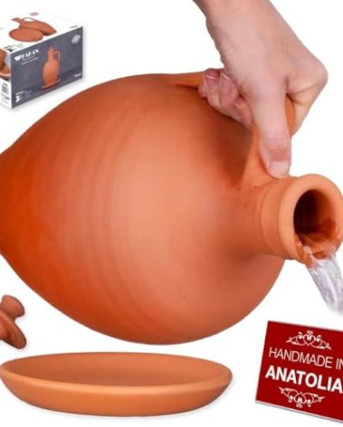 Hakan Anadolu Natural Clay Water Pitcher Set | Unglazed Terracotta Water Carafe & Plate | Traditional Small Mud Jug | Pottery Jar for Drinking Water (Large - 106 oz)