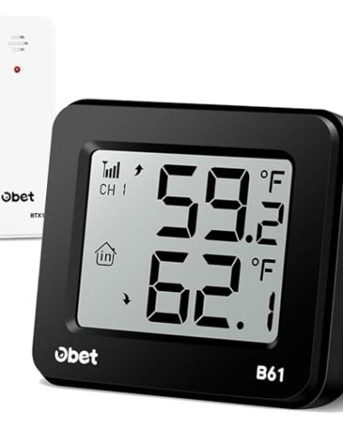 OBET Indoor Outdoor Thermometer Wireless Outdoor Thermometer Digital Thermometer Gauge 500Ft Remote Temperature Monitor for House Home Room Patio B61-Black