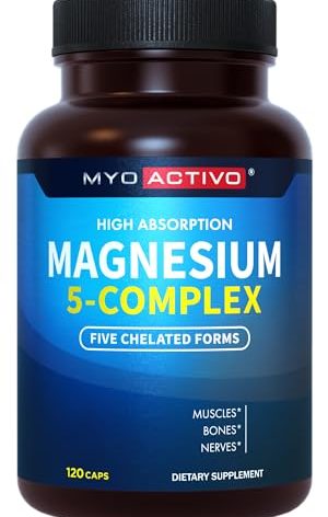 MyoActivo 5-in-1 Magnesium Complex - High Absorption - Chelated Magnesium Glycinate, Malate, Citrate, Taurate, & Aspartate for Nerves, Muscles, Bones | 120 Capsules | Magnesium Supplement