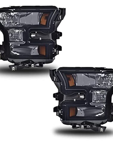 PIT66 Headlight Assembly Compatible with Ford F150 2015-2017 Replacement Head Lamps Left+Right Pair Headlamp Accessories Smoky Lens Black Housing Amber Reflector