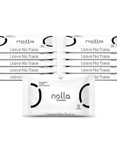 Nolla Flushable Wipes Travel Packs, 100% Plant-Based, Plastic-Free and Biodegradable - Unscented + Soothing Aloe and Vitamin E 120 Count (10 Packs of 12)