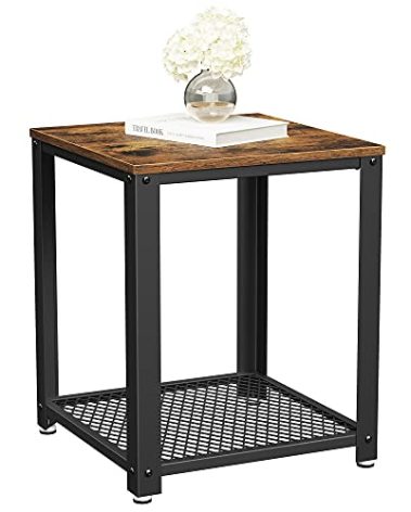 VASAGLE Side Table, 2-Tier Nightstand, End Table with Mesh Shelf, Steel Frame, Adjustable Feet, for Living Room, Bedroom, Industrial Style, Rustic Brown and Black ULET41X, 17.7 x 17.7 x 21.6 Inch