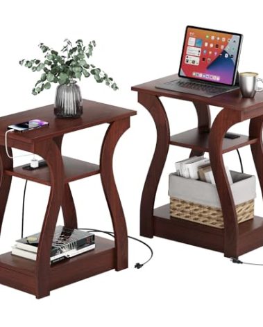 FROMJBEST End Tables Living Room Set of 2,Cherry End Table with Charging Station,Side Table, Nightstand for Bedroom, 3 Tier End Table with Storage Shelf for Living Room(Cherry)