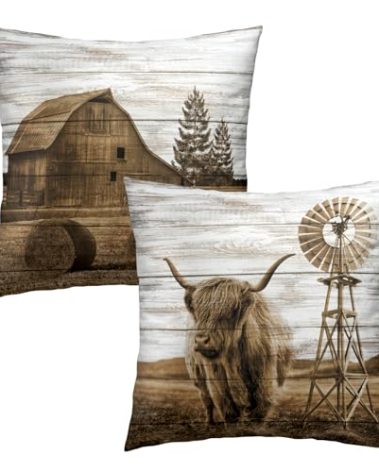 Giwawa Highland Cow Throw Pillow Covers 18X18 Inch Set of 2 Rustic Barn Decorative Square Cushion Case for Couch Sofa Bed Bedroom Living Room