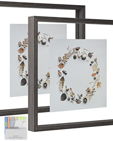MUYE Square 12x12 Floating Frame in Gray,Double Glass Picture Frame for Wall Mount or Tabletop Standing with Hanging Hardware Included,Display Photo up to 12x12,2 Pack
