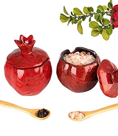 GABROC Salt Cellar 2 PCS Ceramic Pomegranate Shaped Salt Bowl With Lid and Spoon