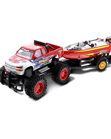 Mozlly Monster Truck Toys Set with Trailer Toy Boat - Friction Powered Hauling Truck and Trailer Toy, Big Toy Monster Truck with Boat, Adventure Truck Pulling Boat Toy Monster Trucks for Kids - 9 Inch