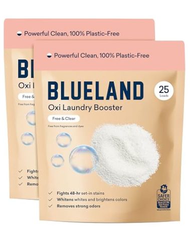 BLUELAND Oxi Laundry Booster Powder Refill 2-Pack, Fragrance Free & Clear, 50 Loads, 35.2 oz, Plastic-Free, Eco Friendly, Oxy Cleaner, Stain Remover