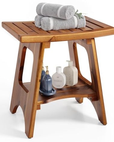 HOLANA 18" Acacia Shower Bench for Inside Shower - 450LBS Capacity Wooden Shower Stool Benches Waterproof for Shaving Legs - Bench Seat with Storage Towel Shelf for Bathroom - Tub Bench Chair Spa Bath