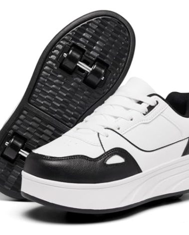 HSQ Roller Skate Shoes with 4 Wheels for Girls Boys Kids Detachable Wheeled Fashion Wheelies Tennis Sneakers Black White Size Big Kid 6