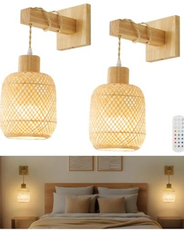 Weaboopre Boho Battery Operated Wall Sconce with Remote, Bamboo Lantern Wall Sconces Set of Two, 15 Colors Dimmable Rechargeable Wireless Wall Lights for Bedroom, Living Room Wall Decor