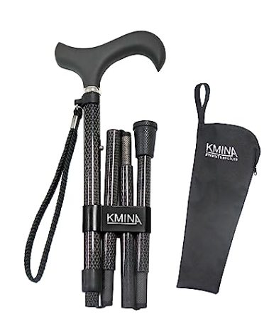 KMINA Folding Cane for Men and Women (Carbon Fiber), Soft Grip, Adjustable Height, Lightweight, Black, PRO Model