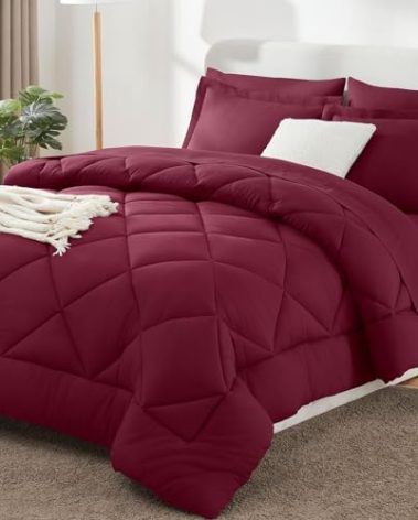CozyLux Queen Comforter Set Burgundy - Bed in a Bag Queen Size 7 Pieces, Luxury Soft Bed Set for All Seasons, Bedding Set with Down Alternative Comforter, Sheets, Pillowcases & Shams, Red