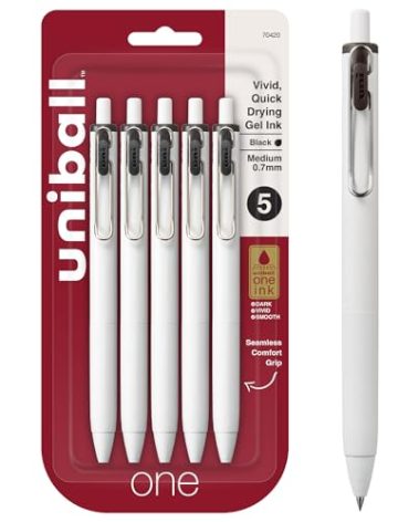 Uniball One Gel Pen 5 Pack; 0.7mm Medium Black Pens; Gel Ink Pens | Office Supplies Sold by Uniball are Pens; Ballpoint Pen; Colored Pens; Gel Pens; Fine Point; Smooth Writing Pens