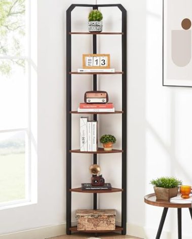 MNEETRUNG Corner Shelf,6 Tier Industrial Corner Bookshelf, Freestanding Shelf Stand for Small Space,Home Office,Living Room,Bedroom,Brown