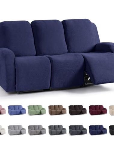 KinCam Recliner Covers, Stretch Reclining Chair Covers, Recliner Sofa Slipcovers Stripe Jacquard Recliner Couch Covers Furniture Protector Covers for Pet Kid (3 Seater, Dark Blue)