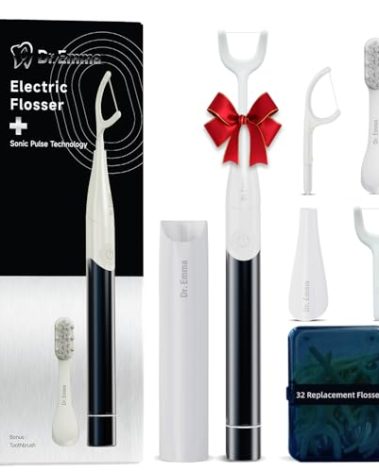 Dr. Emma Electric Vibration Flosser with Replaceable Floss Picks and Toothbrush, Power Flosser for Adults, Dental Flosser Kit for Teeth Cleaning, Water Flosser Alternative, Midnight