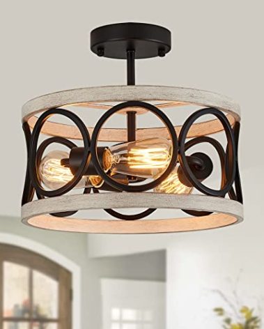 MEIXISUE 3-Lights Modern Farmhouse Ceiling Light Fixture Black and White Birch Finish Round Metal Flush Mount Ceiling Lights for Kitchen Dining Room Bedroom Entryway Corridors