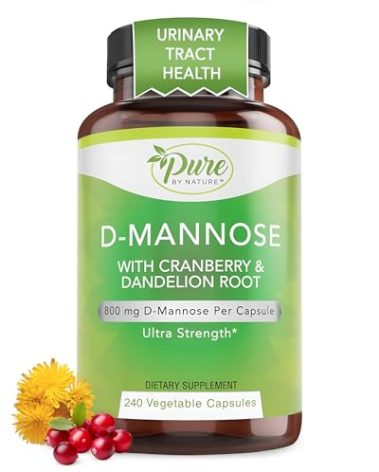 Pure By Nature 600mg D-Mannose Vegan Capsules with Cranberry & Dandelion Extract, Urinary Tract Health Support, Flush Impurity, Detox Body, 240 Count