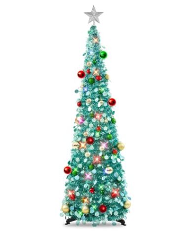 N&T NIETING Pop Up Christmas Tree with Lights, Collapsible Tinsel Xmas Tree Decorations, Pencil Christmas Tree Skinny Tree for Holiday Xmas Home Office Decor, 30 Balls, 5Ft, Lake Blue