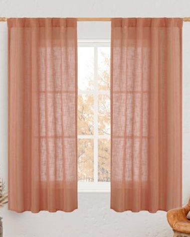 LAMIT 63 Inch Semi Sheer Linen Curtains, Light Filtering Panels Back Tab and Rod Pocket Fall Decor Drapes for Bedroom/Living Room, Terracotta, 2 Panels, 34 x 63 Inch