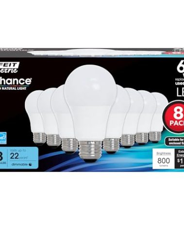 Feit Electric A19 LED Light Bulbs, 60W Equivalent, Dimmable, E26 Standard Base, 90 CRI, 800 Lumens, 5000K Daylight, 120V, 22 Years Lifetime, Damp Rated, 8 Pack, OM60DM/950CA/8