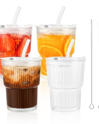 4 Pack 14oz Glass Cups with Lids and Straws Iced Coffee Cups Vintage Ribbed Glassware for Beer Ice Coffee Fruit Juice Elegant Aesthetic Cup Glass Iced Coffee Tumbler Include 2 Cleaning Brushes