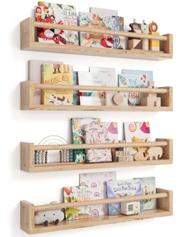 Nursery Wall Bookshelf Set of 4, Floating Bookshelves for Kids' Rooms, Toddler Bedroom Decor, Nursery (Wood, 23 Inches)