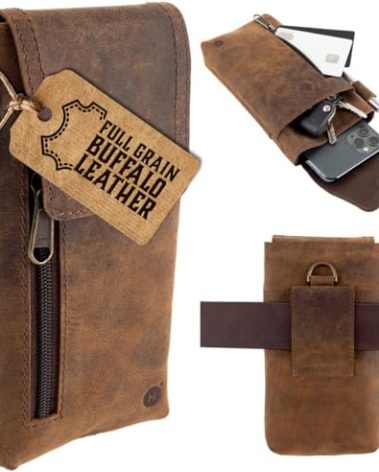 Moonster Leather Phone Holster – Genuine Full-Grain Buffalo Leather Cell Phone Holsters Holster for Large Smartphones Belt Holder - 7”H x 3.5" W