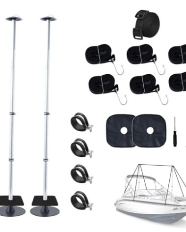 King Mills 2 Pack Boat Tarp Support Pole, Adjustable Aluminum Pontoon Boat Cover Support Poles, Boat Pole with Straps and Sandbags for Pontoon, Jon Boat, V Hull Boat