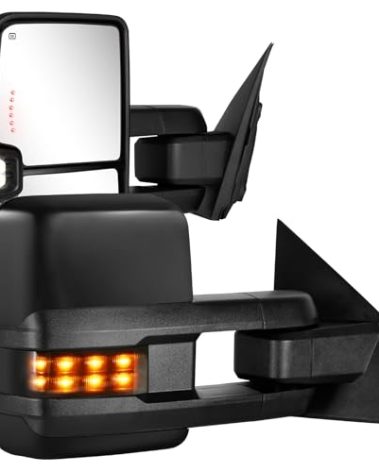 Towing Mirrors for 2014-2018 Chevy Silverado GMC Sierra 1500 2500 HD 3500 HD with Power Glass LED Arrow Turn Signal Light Backup Lamp Running Light Heated Extendable Pair Set (Black Painted)