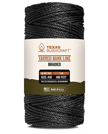 Texas Bushcraft Tarred Bank Line Twine - #36 Black Nylon String for Fishing, Camping and Outdoor Survival – Strong, Weather Resistant Bankline Cordage for Trotline (1 lb - #36 (525 ft), Braided)