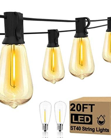 Outdoor LED String Lights 20Ft ST40 Outdoor Patio String Lights with 22 Shatterproof Edison Style LED Bulbs, Hanging Backyard Lights Waterproof UL Listed for Garden Bistro Porch Wedding Decor-Black
