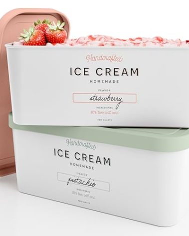 ZICOTO Set of 2 Reusable Ice Cream Tub Containers 2 Quart Each - Perfect for Homemade Sorbet, Frozen Yogurt Or Gelato - Stackable Storage Containers, Stickers And Lids Stores Easily In Freezer