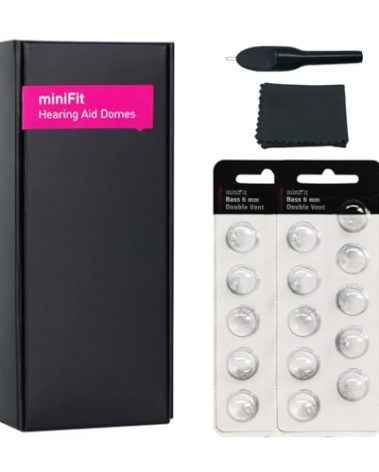 MiniFit bass Double Vent Domes for Oticon Hearing Aids, 6mm, 8mm, 10mm, 12mm Replacement Domes for Oticon Mini RITE Hearing Aids with Cleaning Brush Tools Kit (6mm)