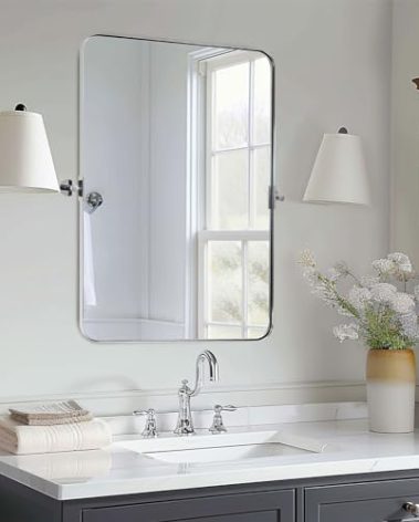MOON MIRROR Polished Chrome Pivot Mirror for Bathroom, Tilt Bathroom Vanity Rounded Rectangle, Overall 28.33 x 36 in (Mirror 24x 36 in)