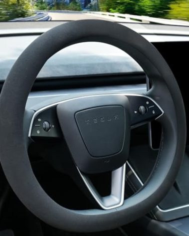 Uxcer Suede Steering Wheel Cover for Tesla Model 3/Y 2016-2025 2026 Juniper/Highland, Non-Slip Breathable Tesla Model 3/Y Steering Wheel Protector, Black